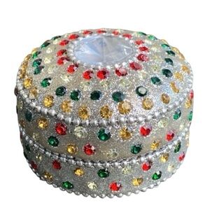 Round Silver Beaded Trinket Marquetry Box With red green Rhinestones